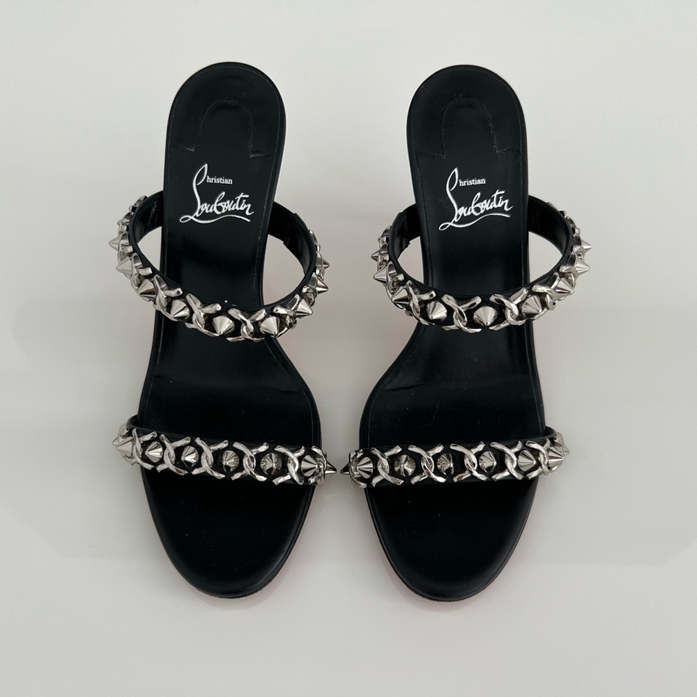 CHRISTIAN LOUBOUTAIN BLACK LEATHER SPIKED SLIDE SANDALS SIZE IT 38 / US 8